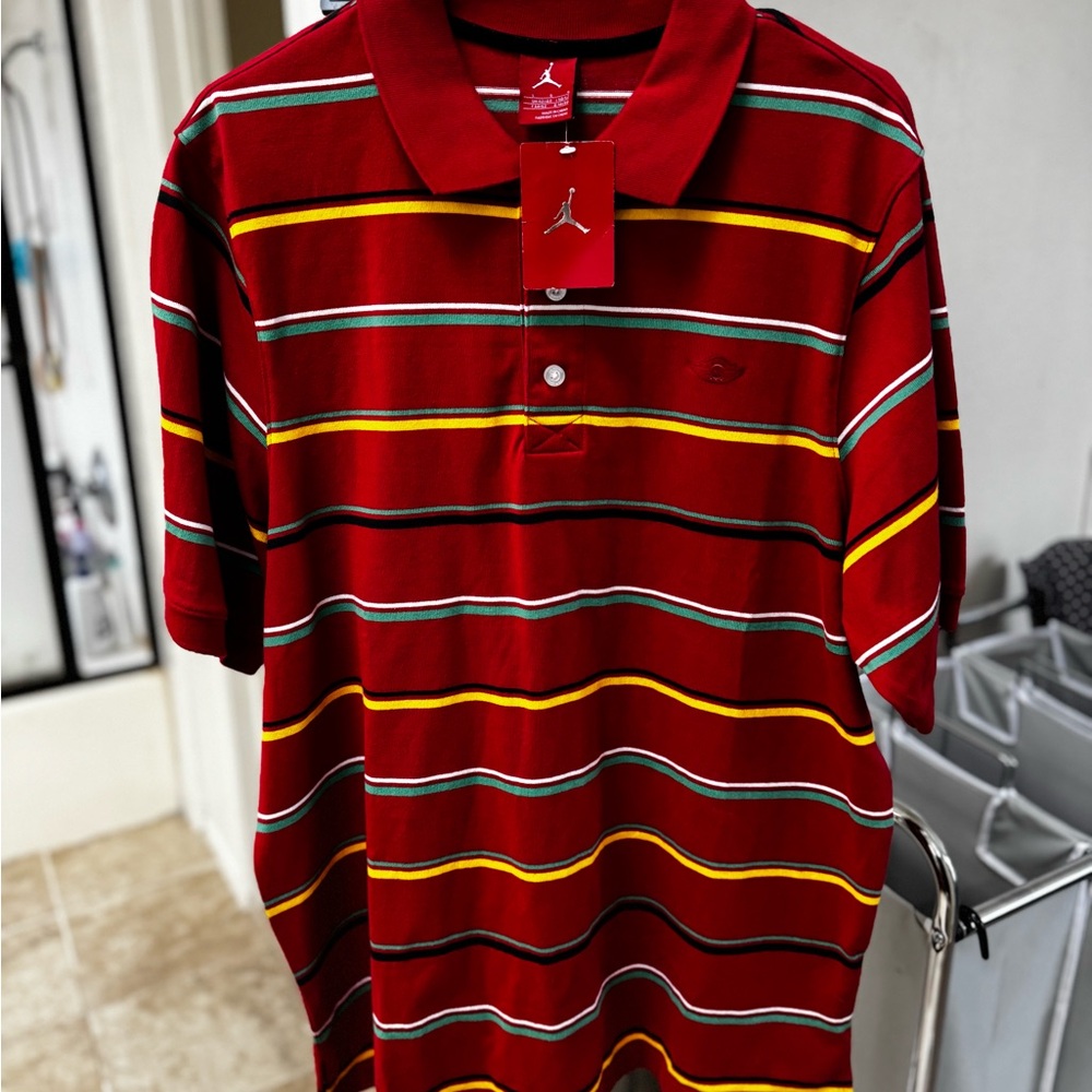 Jordan Men's Red and Yellow Striped Polo Shirt